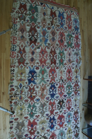 Anatolian kilim with eli-belinda motif design, 155 x 371cm, circa 1800. Some damage and loses. This kilim is unusual in several ways: 1. most eli-belinda type kilims have clearly defined side borders.  ...