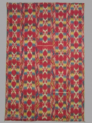 Wallhanging, Uzbek, Bokara, silk warp, cotton weft, printed cotton lining, 5 loom widths wide, 19th century, 55 x 82 inches (140 x 208 cm)         