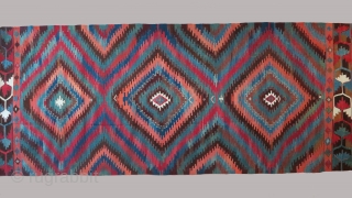 Anatolian kilim, Elmadag region, 154 x 430cm, 18th century. Several small areas have been repaired/rewoven. This is the best and earliest example of an Elmadag kilim known to me. The pronounced abrash  ...