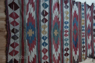 Anatolian kilim, Mut region, 59 x 94 inches (148 x 238cm), circa 1850, some damage and some reweaving as can be seen in the images. The design is atypical for a Mut  ...