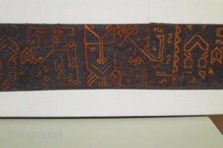 Pre-Columbian Paracas culture band depicting 6 feline figures (probably jaguars),Ocucaje style, circa 300-100BC, 4 1/2 x 39 inches (8 x 42 inches mounted). Woven in an uncommon interlacing technique -- most Paracas  ...