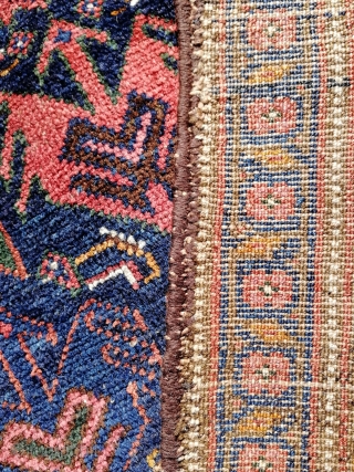 Object: Kurdish Hamedan rug.

Manufacturing area: North West Iran.

Pattern: The midfield consists of a repeated bird/eagle pattern in different colors. The main border consists of stylized flowers, leaves and bothe figures. The secondary  ...