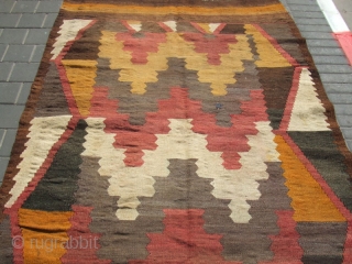 Afghan kilim made with wool on wool .
The kilim enjoyed beautiful colors and patterns The kilim has been fixed in some places(as you can see on the pictures)Condition: good (minor stains) 
Size:  ...