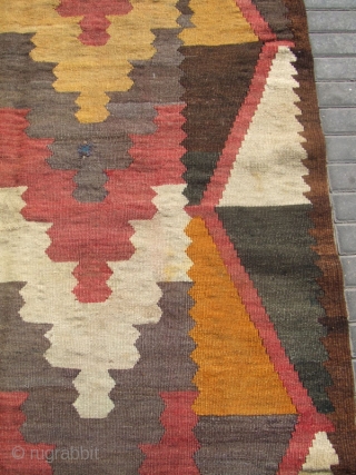 Afghan kilim made with wool on wool .
The kilim enjoyed beautiful colors and patterns The kilim has been fixed in some places(as you can see on the pictures)Condition: good (minor stains) 
Size:  ...