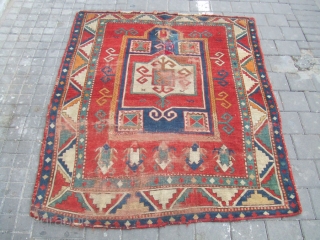 Antique Caucasian kazak prayer rug Size: 147x118-cm / 57.8x46.4-inches
The carpet has been fixed in some places(as you can see on the pictures)
Good luck to all Best Offer      