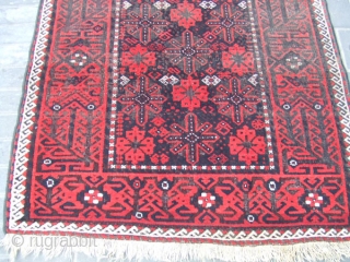 ANTIQUE BALUCH CARPET HAND WOVEN
Size: 186x91-cm /73.2x35.8-inches
The carpet has been fixed in some places(as you can see on the pictures)
Condition: good, low pile in some places
       