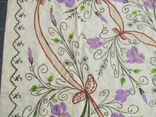 European? embroidery Suzani silk  Year: 1900-1920 Size:187x153-cm / 73.6x60.2-inches
The suzani as you can see on the picture has a little hole 
          