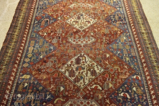 Khamseh 362 x 172 cm  Some areas wear but still beautiful, wool on wool, very pretty light blue              