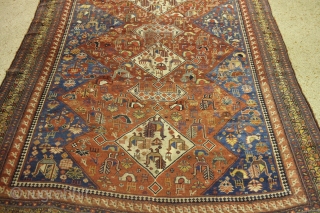 Khamseh 362 x 172 cm  Some areas wear but still beautiful, wool on wool, very pretty light blue              