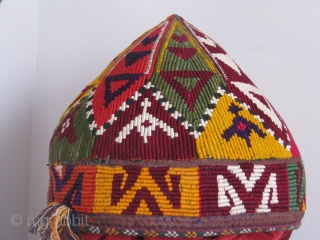 This is a hand stitched turkmen hat silk  on cotton northern Afghanistan                    