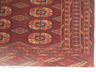 This is a fine turkmen rug with all natural colors. It is in a very good condition all over and full pile; no repair and nothing missing.      