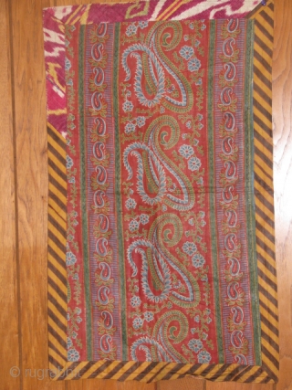 This is a child's prayer cloth made out of old Russian silk textile with interesting unusual design in the middle, bordered with old metallic maroon qassab(turkmen loom made plain textile),on the back  ...