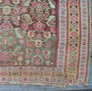  	
Antique Senna Kilim Early 19th Century (or older) -49.5" by 75"
A very fine example of an antique Senna slit-woven rug. Many beautiful colors such as coral, pale blue, green, yellow and  ...