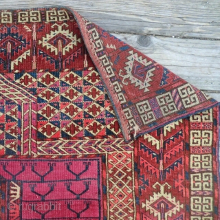 Antique Tekke Turkmen Tent Door Cover (Ensi) -19th Century 48.5" x 67" 
Beautiful colors, all original condition with no repairs and nothing missing on either end. Even, low pile. The lowest area  ...