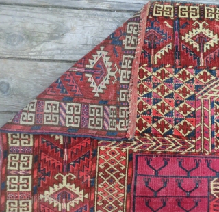 Antique Tekke Turkmen Tent Door Cover (Ensi) -19th Century 48.5" x 67" 
Beautiful colors, all original condition with no repairs and nothing missing on either end. Even, low pile. The lowest area  ...