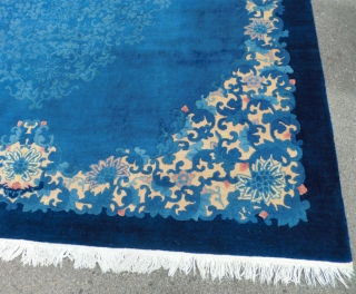 1930's Chinese Fette 9' by 12' 
This elegant rug is in excellent condition. It is all original with good pile except for an approximately 5" area in the middle that is slightly  ...