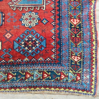Antique Caucasian Karachov Kazak Rug -Approximately 52" by 77"
This is a turn of the century Caucasian Kazak rug from the Karachov region. It has great graphics and good colors. It features a  ...