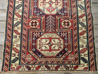 19th Century Caucasian Rug -Dagestan? 3.5 ft. by 5.5 ft.
Classic 3 medallion design. All original, very low pile, small areas of exposed foundation, missing end borders (see photos 3 and 4).  
