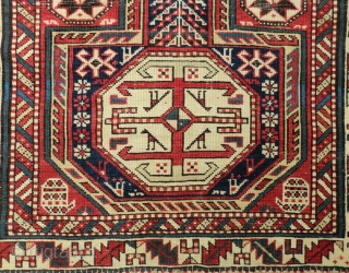 19th Century Caucasian Rug -Dagestan? 3.5 ft. by 5.5 ft.
Classic 3 medallion design. All original, very low pile, small areas of exposed foundation, missing end borders (see photos 3 and 4).  