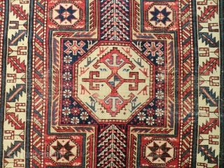 19th Century Caucasian Rug -Dagestan? 3.5 ft. by 5.5 ft.
Classic 3 medallion design. All original, very low pile, small areas of exposed foundation, missing end borders (see photos 3 and 4).  