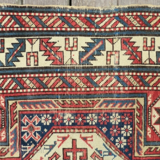 19th Century Caucasian Rug -Dagestan? 3.5 ft. by 5.5 ft.
Classic 3 medallion design. All original, very low pile, small areas of exposed foundation, missing end borders (see photos 3 and 4).  
