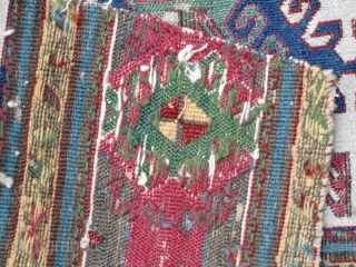 ShahSevan mafrash end panel, 18” x 21”, with Karabagh-ish blue-red. Damage in center as shown. Spring cleaning. See other postings on Rug Rabbit and at www.AntiqueWeavings.com       