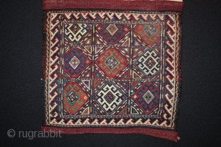 Kurdish bag, Qochan, Khorasan, Iran.
Wool on wool in soumac technique with metal thread.
Human figures on cotton background.
One corner is a little bit dirty, one slightly damaged end, otherwise very good condition.
Size :  ...
