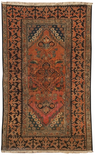 Antique Persian rug, 3x5.  Unusual border and human figures.  Several areas of dyed foundation from wear and oxidation.  http://www.dilmaghani.com           