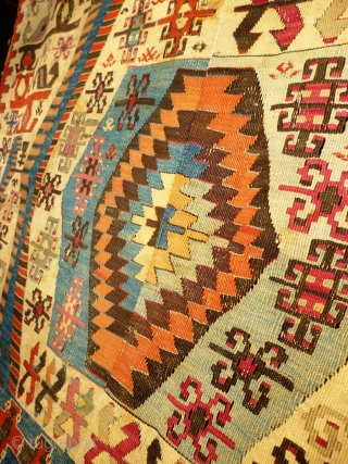 Aydin Anatolian Turkish Kilim, Mid 19th Century. 345 x 180 cm. Numerous stains & reweaves - see photos. Holed and corroded in brown areas see photos. Wonderful palette - see photos. In  ...