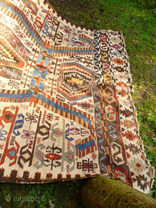 Aydin Anatolian Turkish Kilim, Mid 19th Century. 345 x 180 cm. Numerous stains & reweaves - see photos. Holed and corroded in brown areas see photos. Wonderful palette - see photos. In  ...