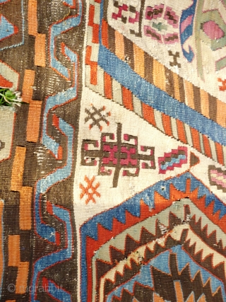 Aydin Anatolian Turkish Kilim, Mid 19th Century. 345 x 180 cm. Numerous stains & reweaves - see photos. Holed and corroded in brown areas see photos. Wonderful palette - see photos. In  ...