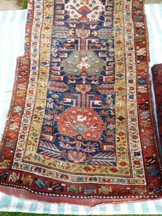 North West Persian Runner. Fragmented: missing outer border section, heat related damage in same area. Otherwise full pile with minimal damage. Good colours and interesting anthropomorphic motifs - see photos. Needs a  ...