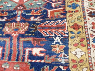 North West Persian Runner. Fragmented: missing outer border section, heat related damage in same area. Otherwise full pile with minimal damage. Good colours and interesting anthropomorphic motifs - see photos. Needs a  ...