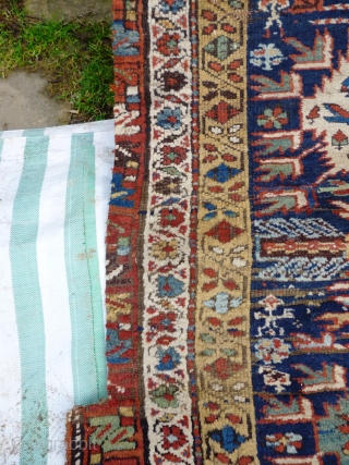 North West Persian Runner. Fragmented: missing outer border section, heat related damage in same area. Otherwise full pile with minimal damage. Good colours and interesting anthropomorphic motifs - see photos. Needs a  ...