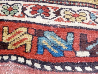 North West Persian Runner. Fragmented: missing outer border section, heat related damage in same area. Otherwise full pile with minimal damage. Good colours and interesting anthropomorphic motifs - see photos. Needs a  ...