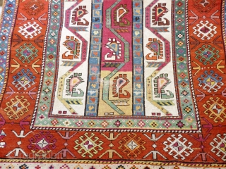 Caucasian Karabagh or Gengie. Distressed state - low pile and very worn areas - see photos. Great funky colours and palate.

Wool on wool
Size: 9' 3" x 4'      