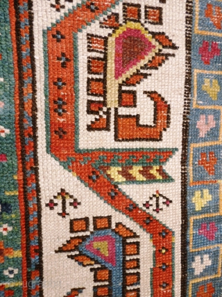 Caucasian Karabagh or Gengie. Distressed state - low pile and very worn areas - see photos. Great funky colours and palate.

Wool on wool
Size: 9' 3" x 4'      