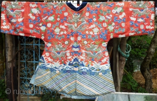 Chinese Antique Court Robe Kesi silk-gauze tapestry-weave with metallic thread and ink-lined details. Numerous damages, repairs, patches and alterations - see photos. Ten imperial dragons. Silk lining intact. Wearable. Please contact for  ...