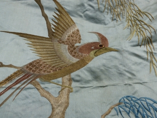 Large Chinese antique silk on silk-satin embroidery, minor damage in places. Birds, plants and insects.

 Please contact for further info and shipping details. Available for viewing at: Stitches in Time - Exhibition  ...