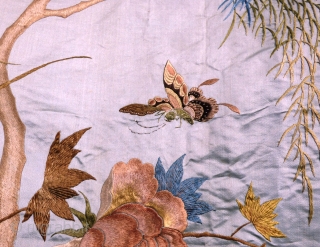 Large Chinese antique silk on silk-satin embroidery, minor damage in places. Birds, plants and insects.

 Please contact for further info and shipping details. Available for viewing at: Stitches in Time - Exhibition  ...