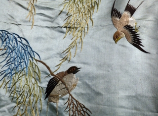 Large Chinese antique silk on silk-satin embroidery, minor damage in places. Birds, plants and insects.

 Please contact for further info and shipping details. Available for viewing at: Stitches in Time - Exhibition  ...