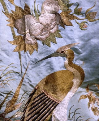 Large Chinese antique silk on silk-satin embroidery, minor damage in places. Birds, plants and insects.

 Please contact for further info and shipping details. Available for viewing at: Stitches in Time - Exhibition  ...
