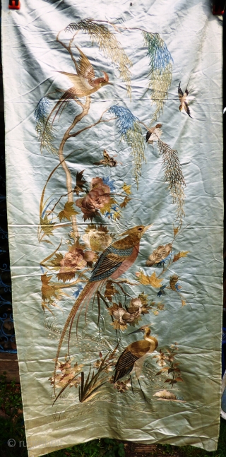 Large Chinese antique silk on silk-satin embroidery, minor damage in places. Birds, plants and insects.

 Please contact for further info and shipping details. Available for viewing at: Stitches in Time - Exhibition  ...