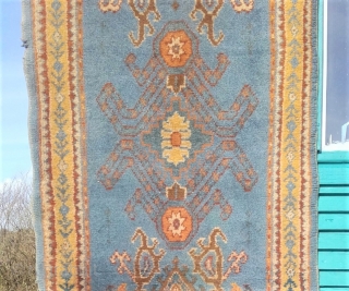 Pair of antique Turkish Oushak runners, narrow format. Size: 1x 340 x 92 cm / 1 x 360 x 92cm. Good pile, ends wearing but secured - see photos. One small tear  ...