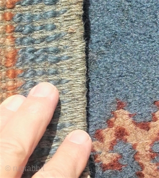 Pair of antique Turkish Oushak runners, narrow format. Size: 1x 340 x 92 cm / 1 x 360 x 92cm. Good pile, ends wearing but secured - see photos. One small tear  ...