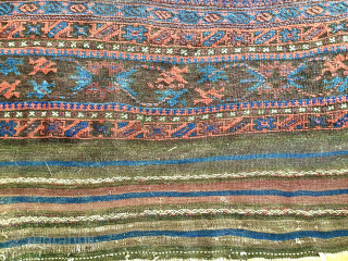 Massive Timuri Baluch carpet, the panelled field with geometric medallions and designs, enclosed by a shaded geometric border with wide flat-weave ends. Pure wool. Finely woven. Age: circa 1900, or before. Size:  ...
