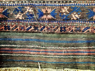 Massive Timuri Baluch carpet, the panelled field with geometric medallions and designs, enclosed by a shaded geometric border with wide flat-weave ends. Pure wool. Finely woven. Age: circa 1900, or before. Size:  ...