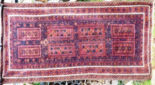 Baluchi rug. Soft sheep wool on goat hair foundation. Finely knotted.
Age: Early 20th century
Condition: Very good even pile, sides and ends original and secured.
Size: 6 ft 10 in X 3 ft 7  ...