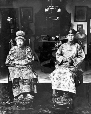 A pair of antique Chinese pile-woven covered marriage stools, old Ningxia covers on later painted wooden frames. Size of covers: 15 inches diameter or 37.5 cm Final photo shows how such stools  ...