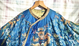 Imperial Chinese Robe: 19th century, nine dragons - one hidden inside flap. Condition is not great, staining upper front left and one or two loose threads here and there, especially golden threads  ...